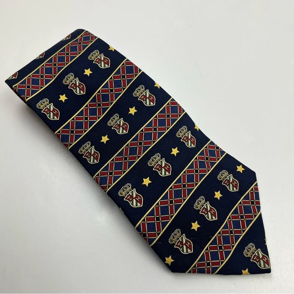 Tommy Hilfiger Vintage Navy Blue Crest Men's Neck Tie 100% Silk‎ Preppy *FLAW